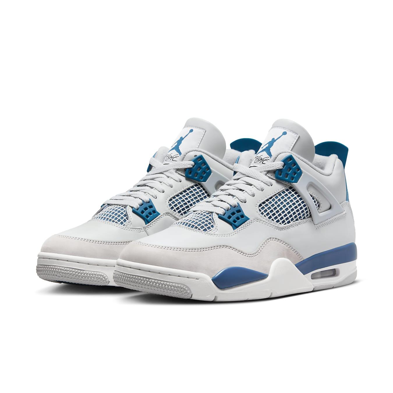 Jordan 4 Retro Military Blue 2024 sneaker featuring smooth off-white leather and breathable mesh detailing.