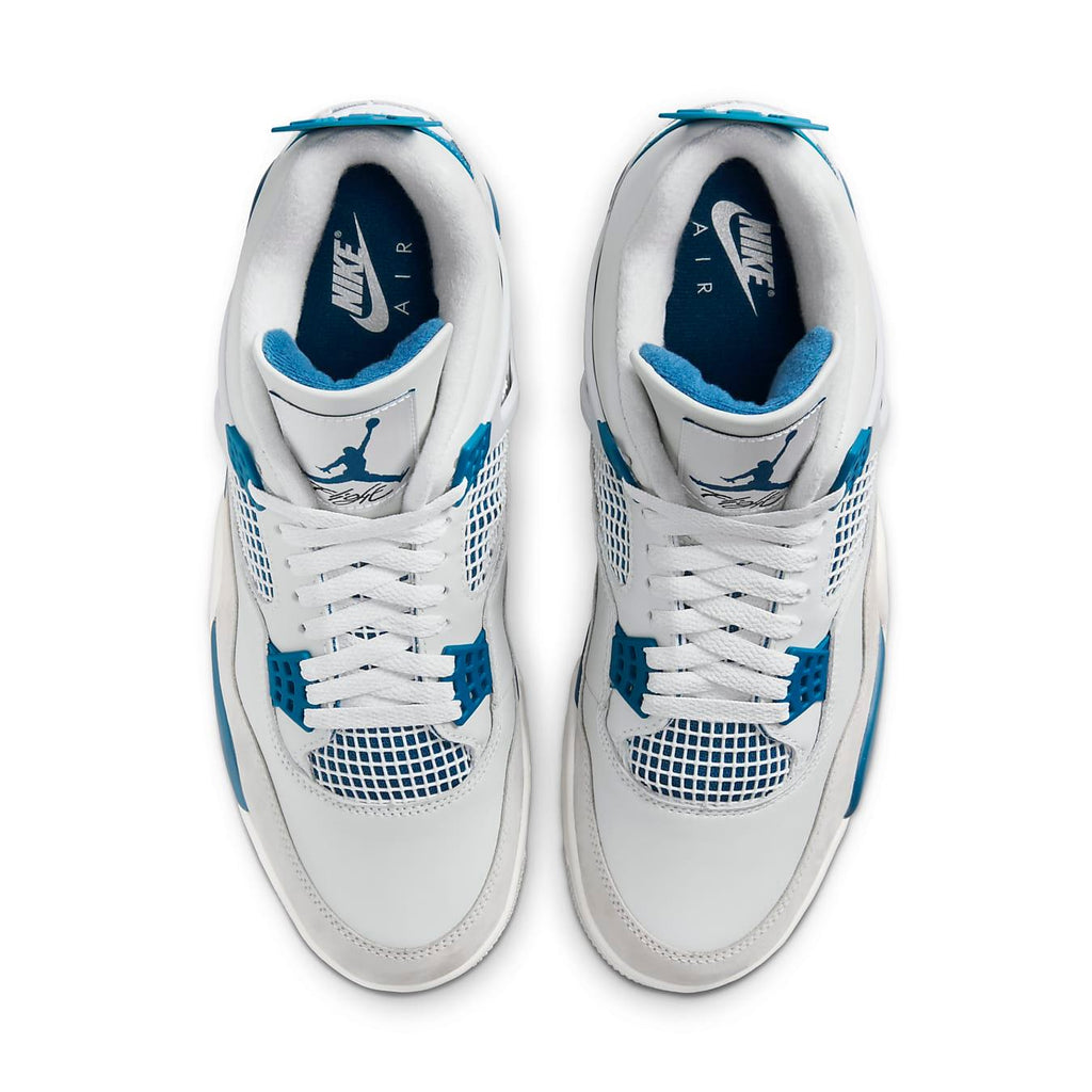 Top view of Air Jordan 4 Retro Military Blue 2024 featuring white leather and blue accents.
