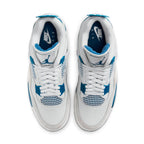 Top view of Air Jordan 4 Retro Military Blue 2024 featuring white leather and blue accents.