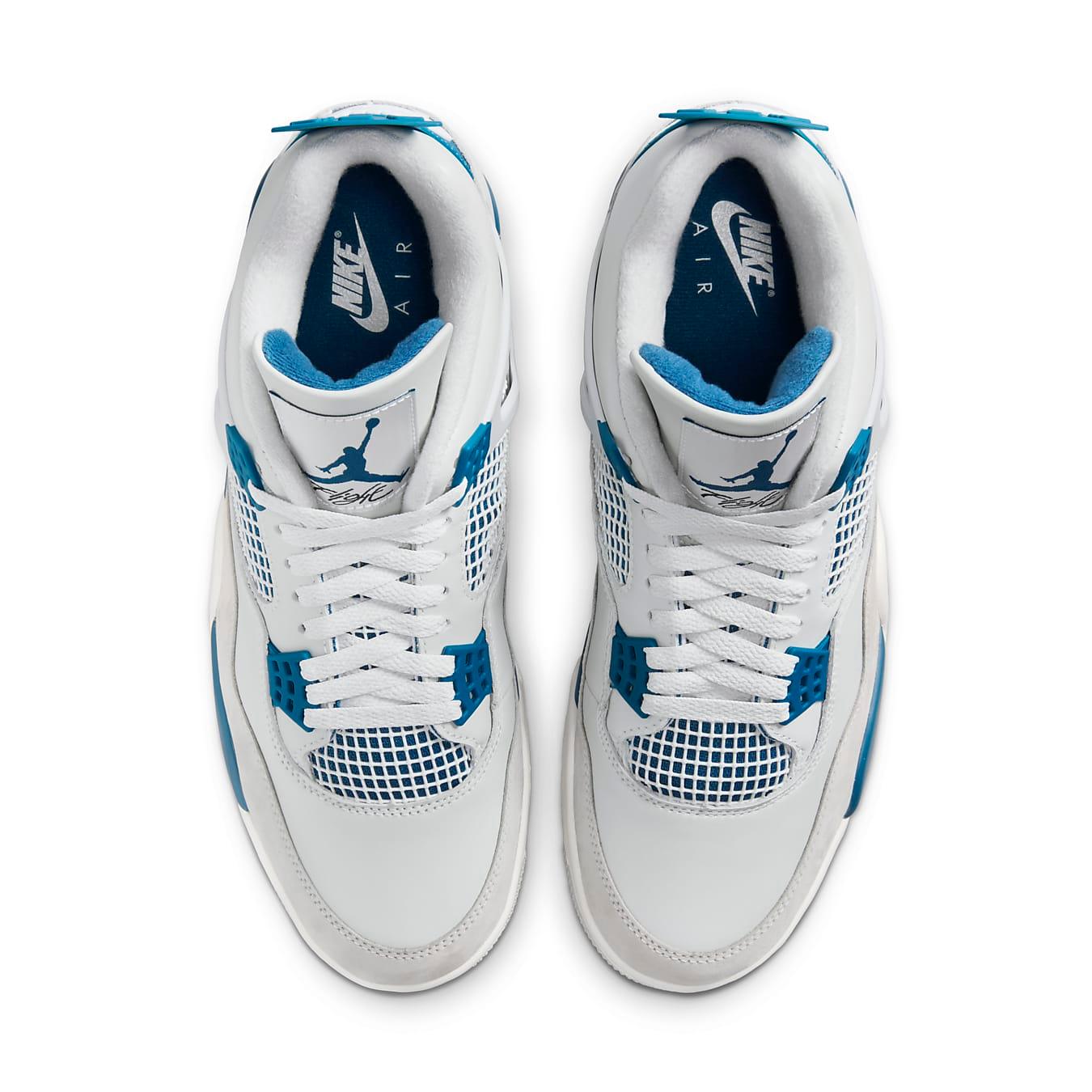 Top view of Air Jordan 4 Retro Military Blue 2024 featuring white leather and blue accents.
