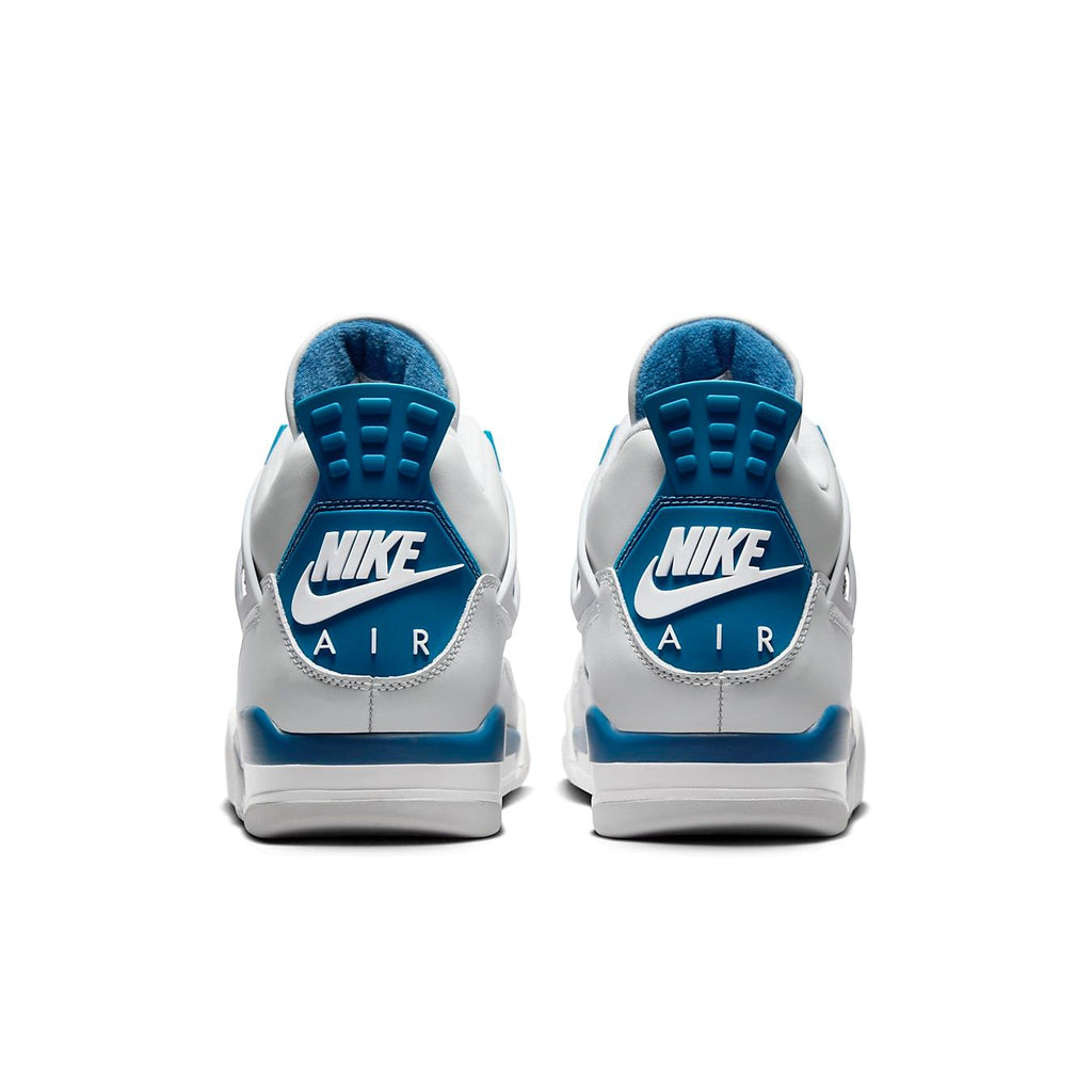 Rear view of Nike Air Jordan 4 Retro Military Blue with white and blue colorway and iconic logo.