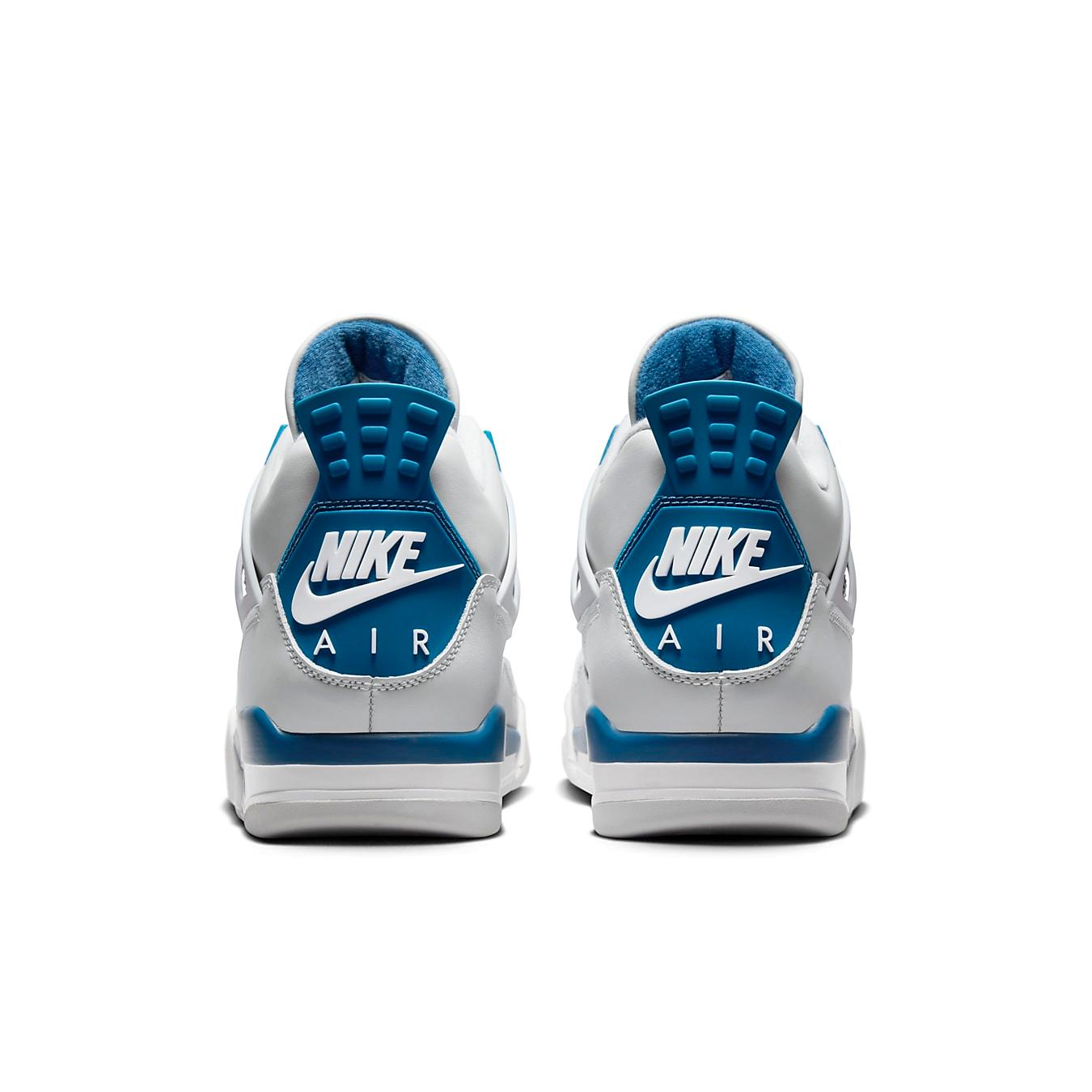 Rear view of Nike Air Jordan 4 Retro Military Blue with white and blue colorway and iconic logo.