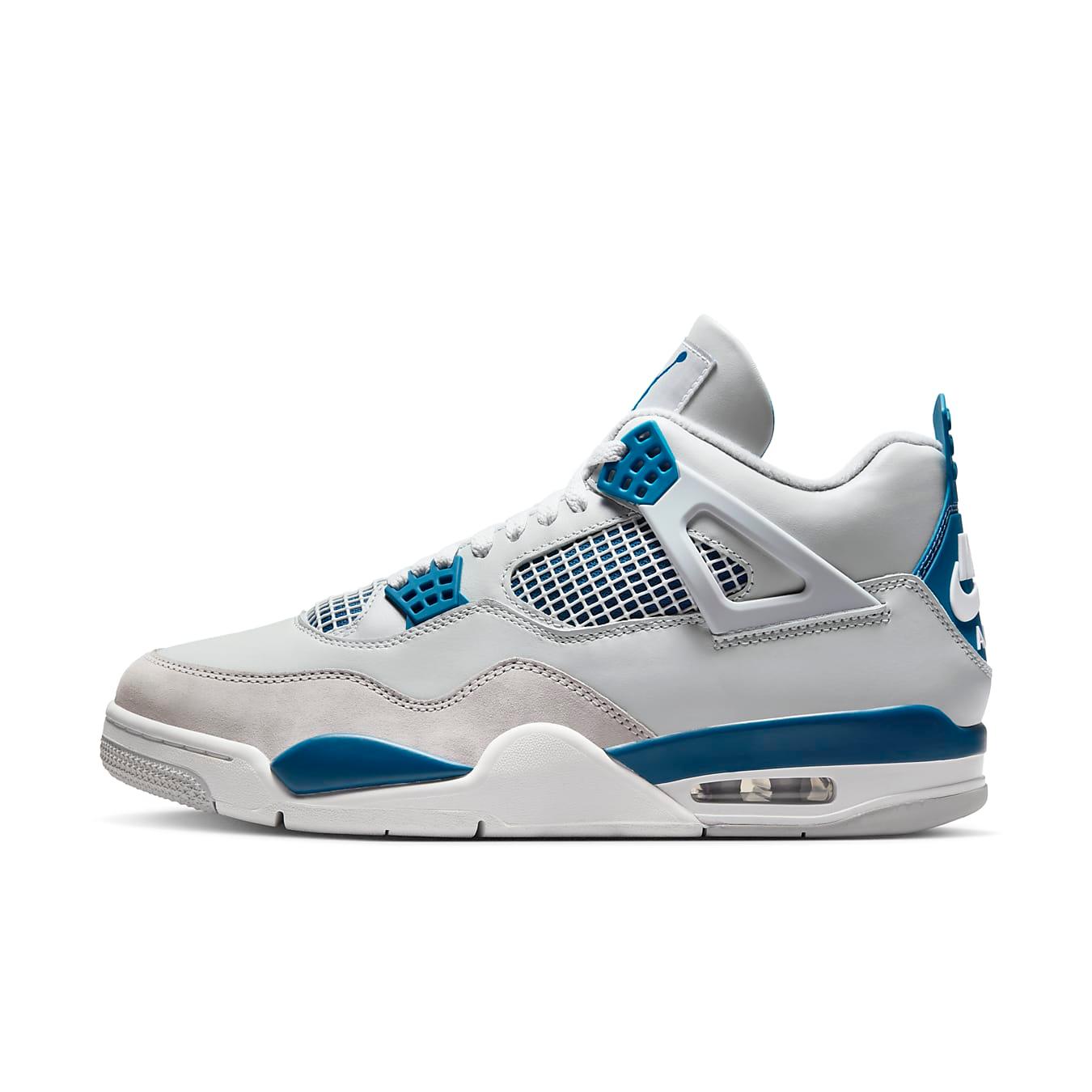 Air Jordan 4 Retro Military Blue 2024 featuring sleek ivory leather and breathable mesh.