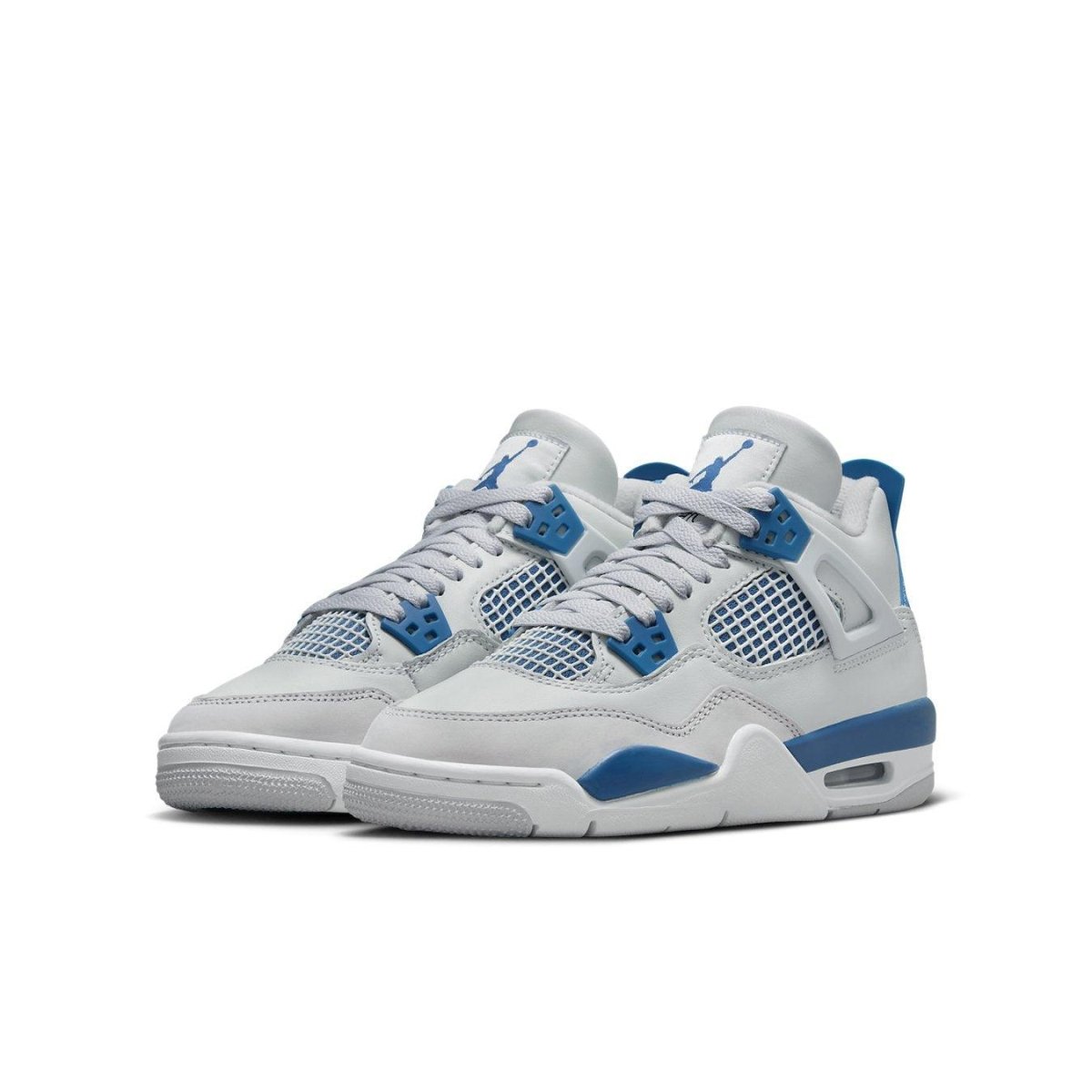 Jordan 4 Retro Military Blue (2024) GS with light grey leather and bright blue accents.