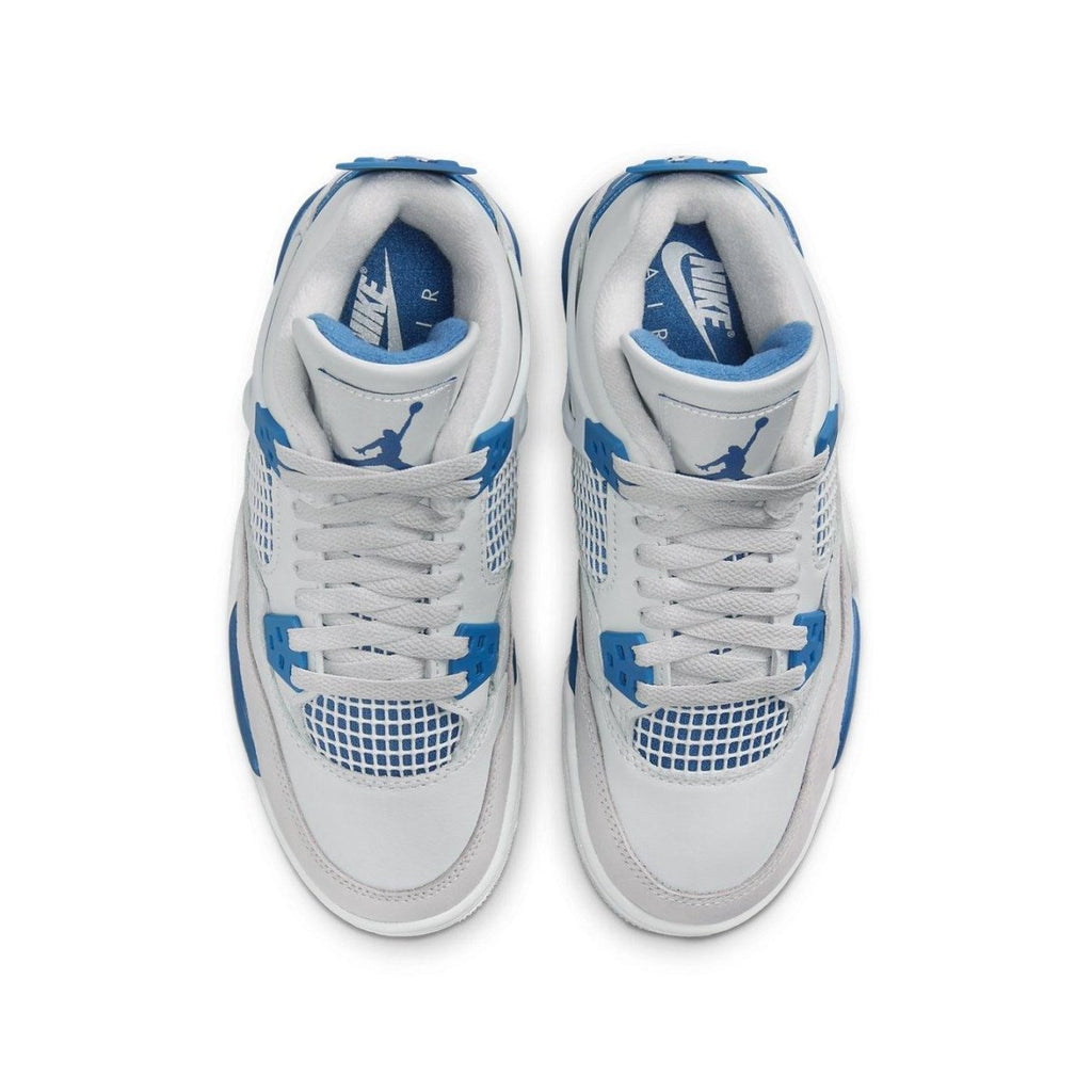 Top view of Air Jordan 4 Retro Military Blue (2024) sneakers, featuring a light ivory upper and bright blue accents.