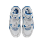 Top view of Air Jordan 4 Retro Military Blue (2024) sneakers, featuring a light ivory upper and bright blue accents.