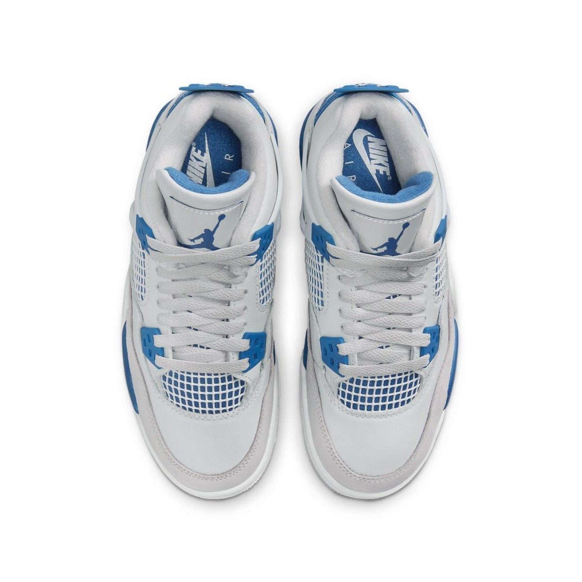 Top view of Air Jordan 4 Retro Military Blue (2024) sneakers, featuring a light ivory upper and bright blue accents.