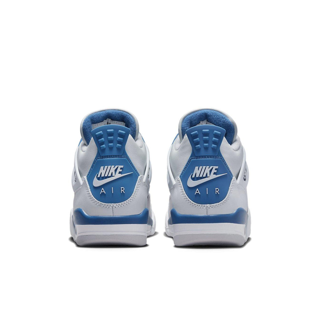 Retro Air Jordan 4 Military Blue 2024 sneakers showing back view with signature Nike branding.