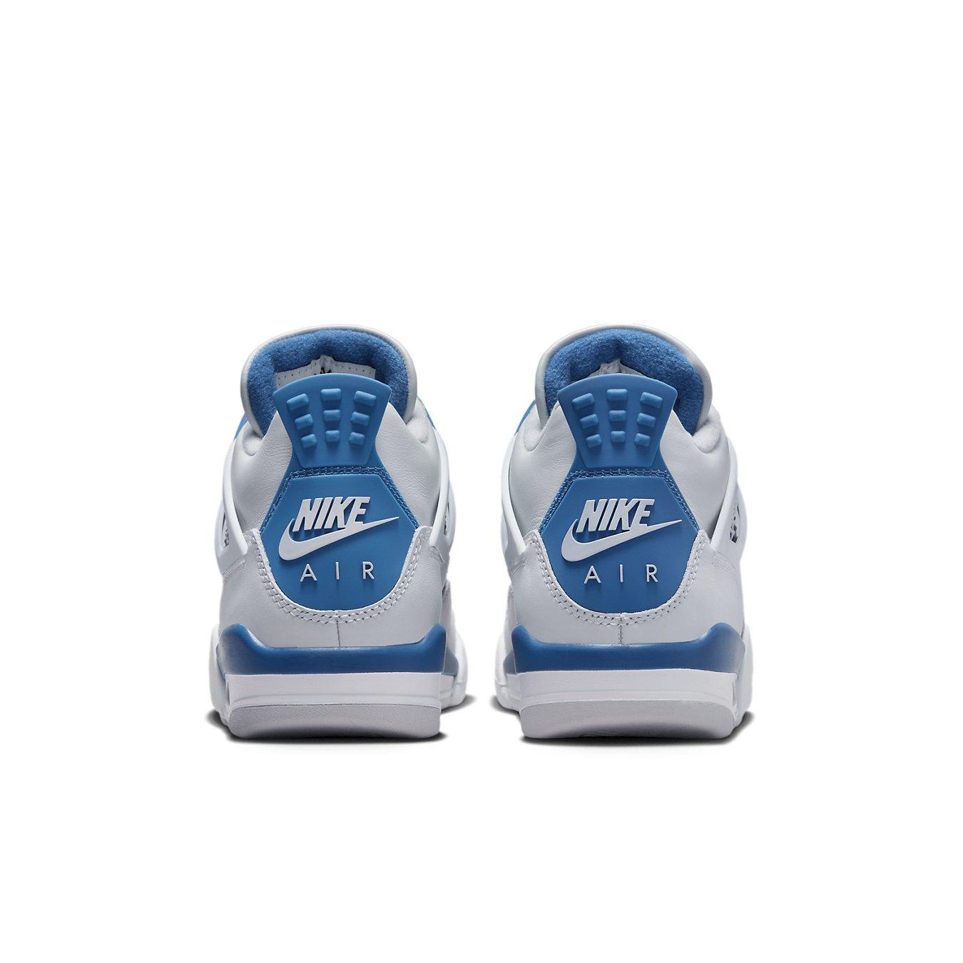Retro Air Jordan 4 Military Blue 2024 sneakers showing back view with signature Nike branding.