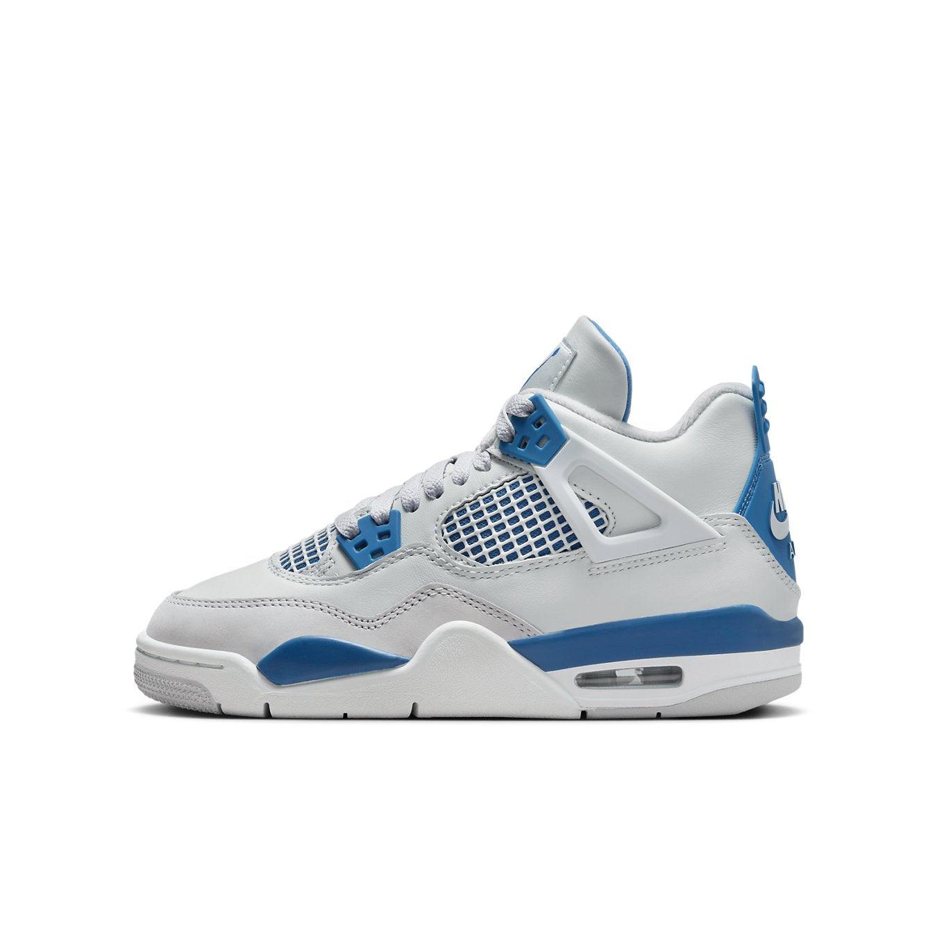 Jordan 4 Retro Military Blue 2024 GS sneakers featuring light ivory leather and blue accents for kids.