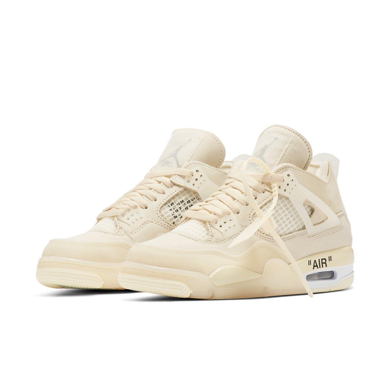 Jordan 4 Retro Off-White Sail women's sneakers featuring off-white leather, translucent details, and 'AIR' branding.