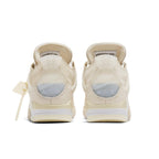 Back view of women's Jordan 4 Retro Off-White Sail sneakers with off-white leather and translucent TPU details.