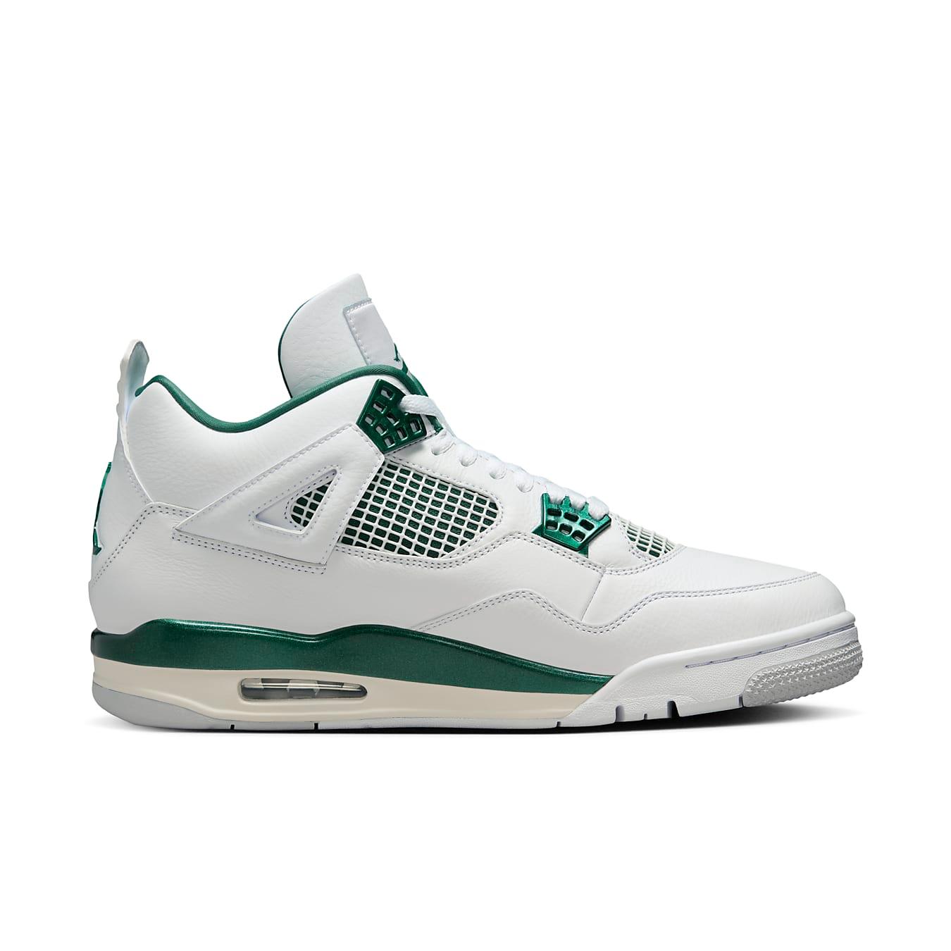 Air Jordan 4 Retro Oxidized Green sneaker featuring a white leather upper with green accents and mesh detailing.