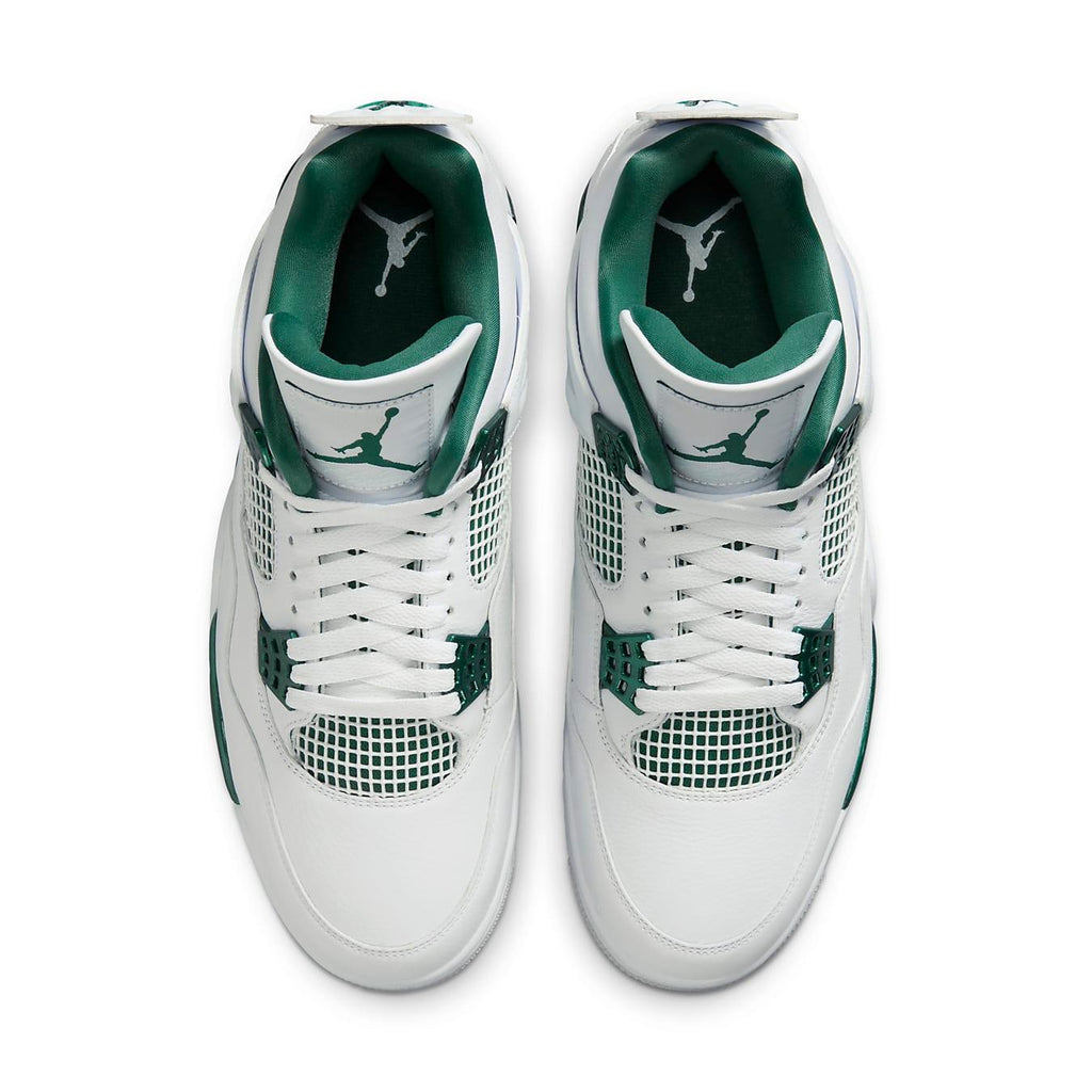 Top view of Air Jordan 4 Retro Oxidized Green featuring white leather and green accents.