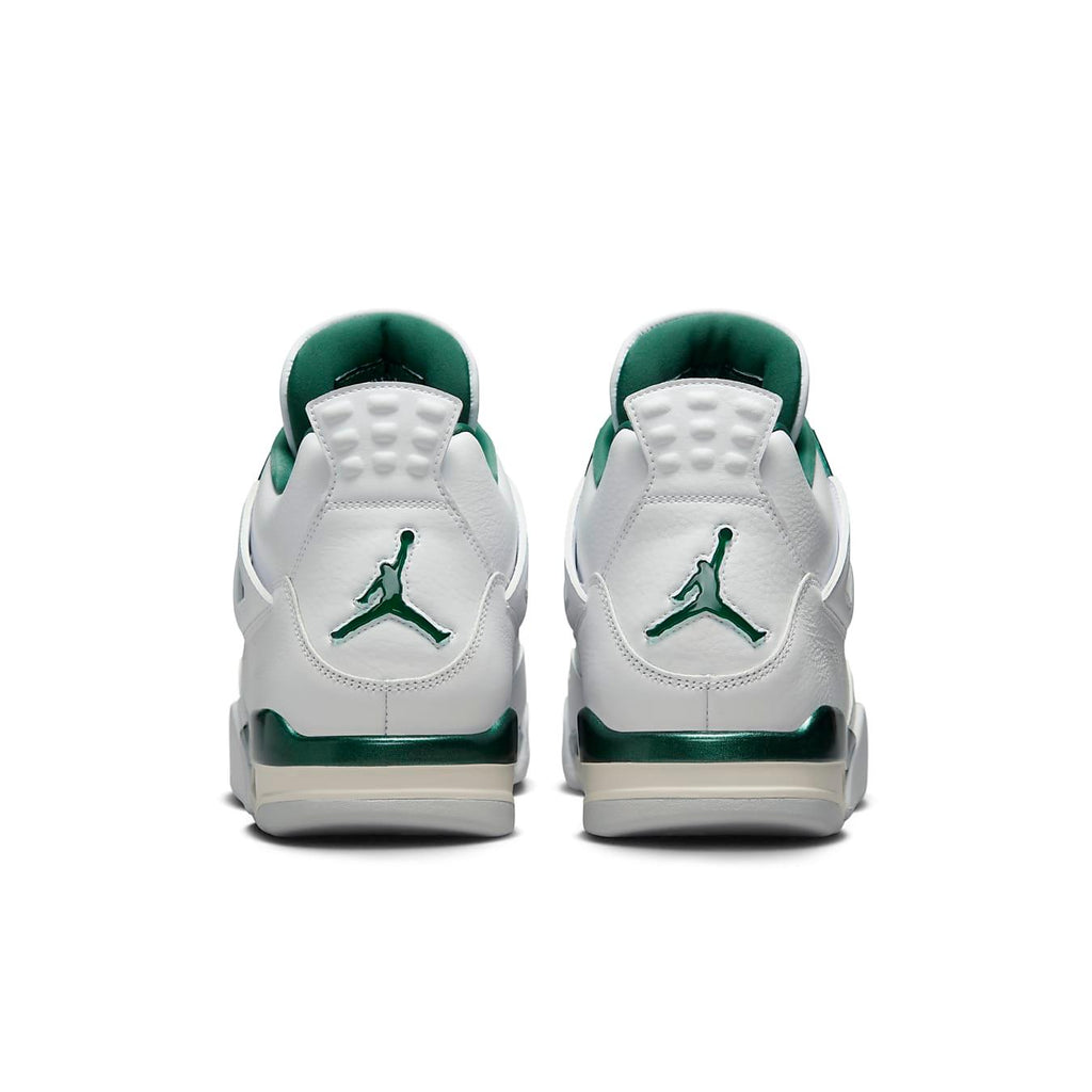 Back view of Jordan 4 Retro Oxidized Green sneaker featuring white leather and contrasting green accents.