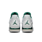 Back view of Jordan 4 Retro Oxidized Green sneaker featuring white leather and contrasting green accents.