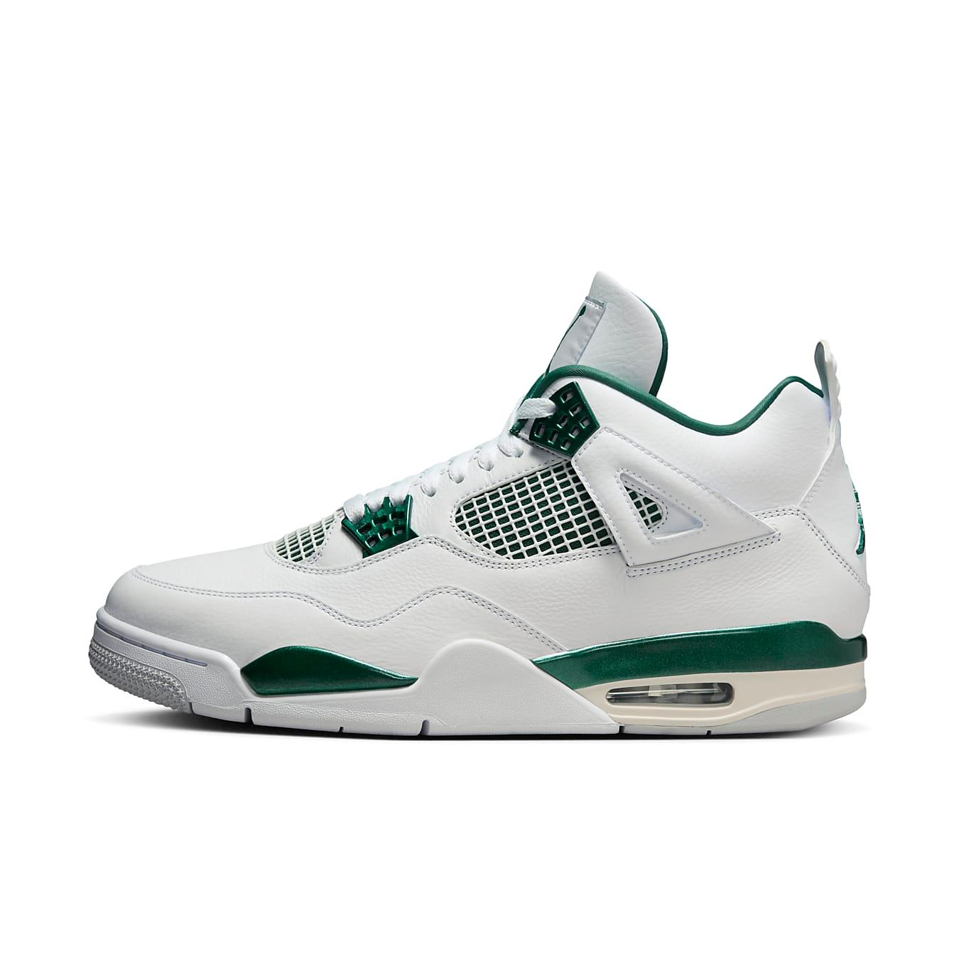 Air Jordan 4 Retro Oxidized Green sneaker featuring white leather and green accents.