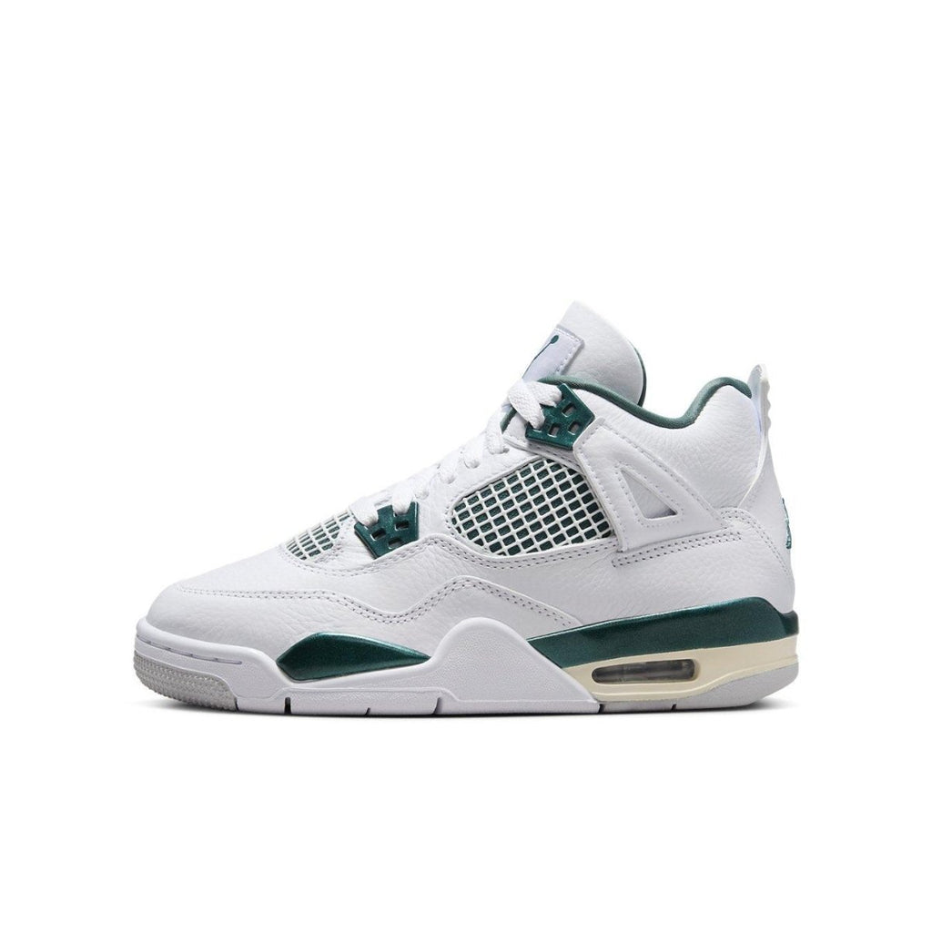 Air Jordan 4 Retro Oxidized Green GS sneaker with white leather and dark green accents.