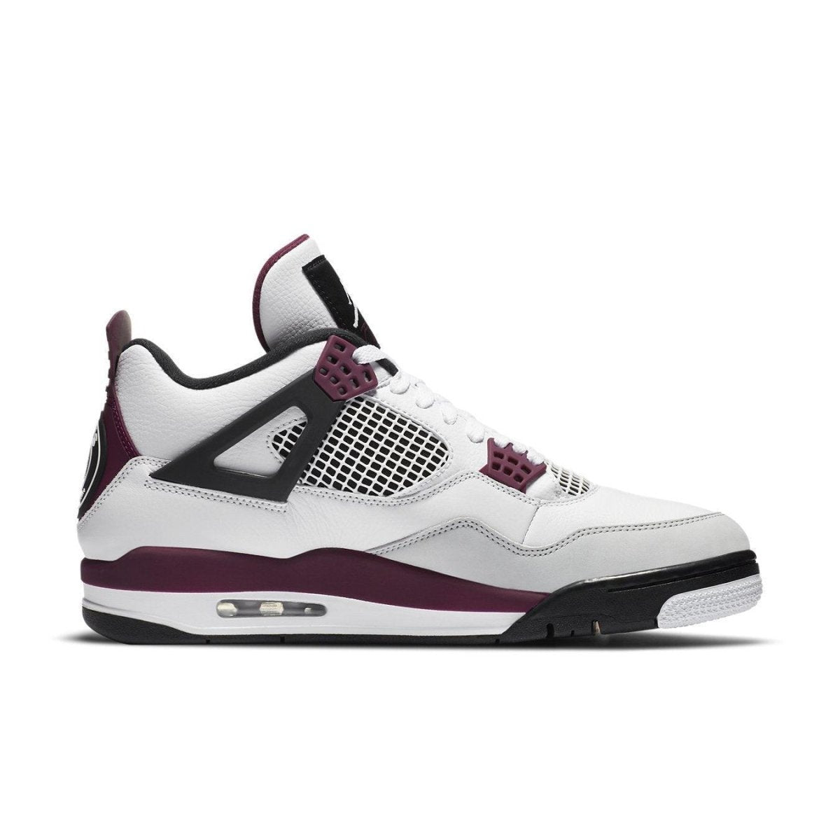 Air Jordan 4 Retro PSG sneakers in white leather with burgundy and black accents.