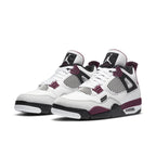 Jordan 4 Retro PSG sneakers with white leather, black accents, and Bordeaux details, celebrating PSG and Jordan Brand.