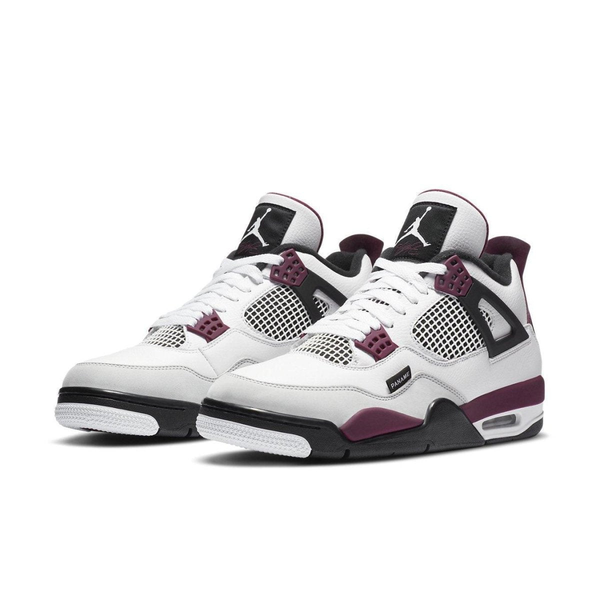 Jordan 4 Retro PSG sneakers with white leather, black accents, and Bordeaux details, celebrating PSG and Jordan Brand.