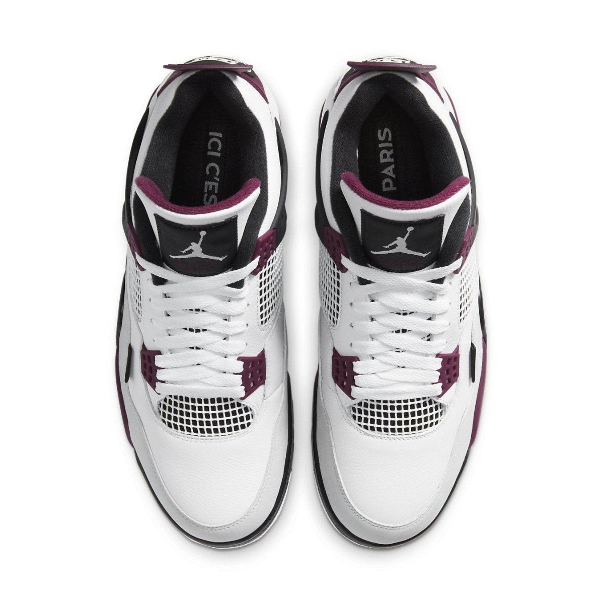 Top view of Jordan 4 Retro PSG sneakers featuring white leather, black accents, and Bordeaux details.