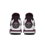 Back view of Jordan 4 Retro PSG sneakers featuring black and burgundy accents and PSG logo.
