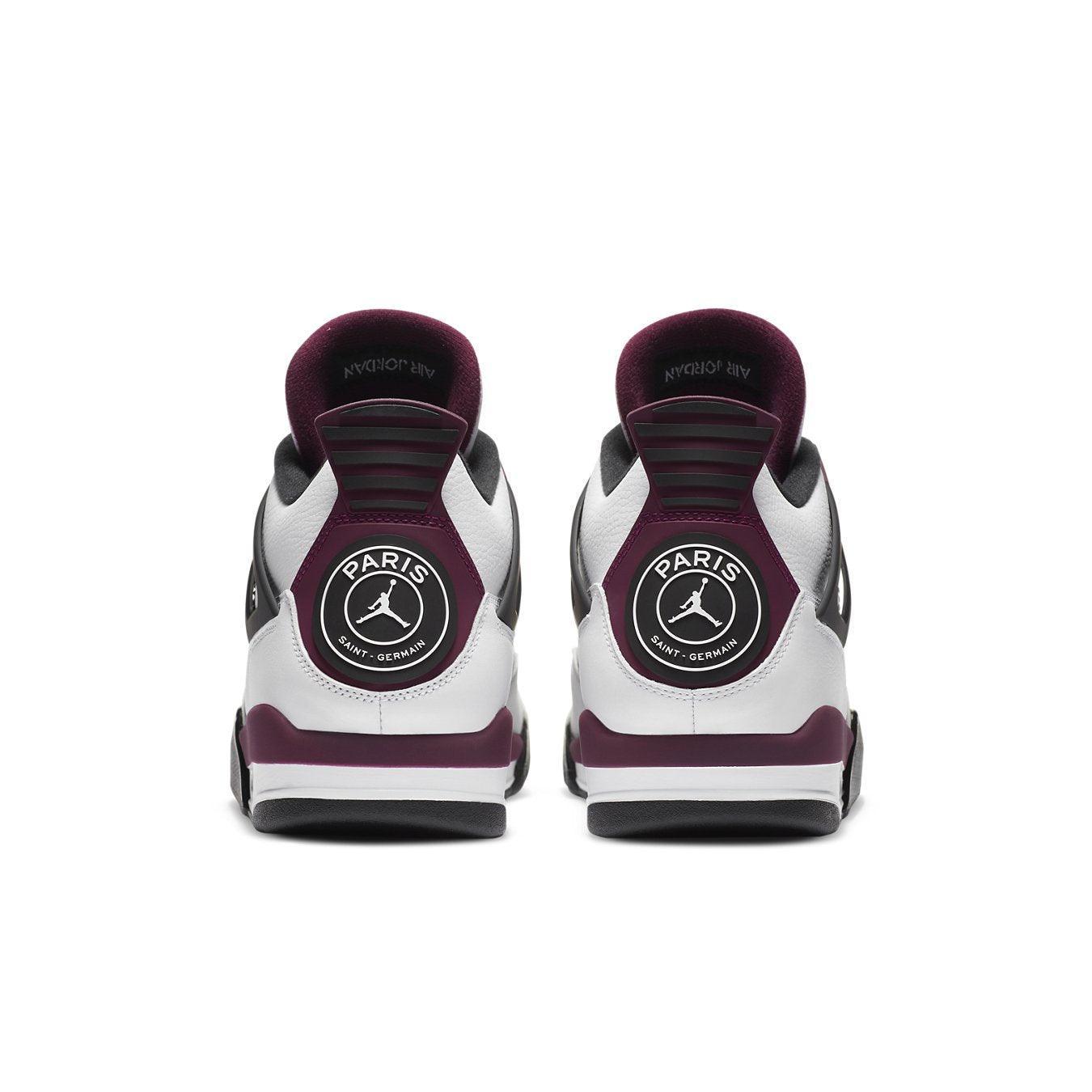 Back view of Jordan 4 Retro PSG sneakers featuring black and burgundy accents and PSG logo.