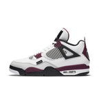Jordan 4 Retro PSG sneakers in white leather with black and bordeaux accents, featuring Jumpman logo and PSG branding.