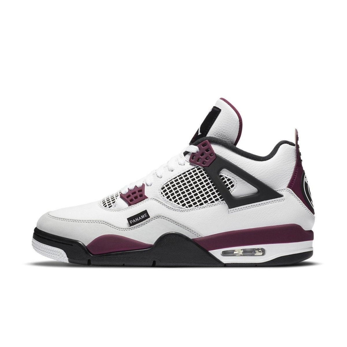 Jordan 4 Retro PSG sneakers in white leather with black and bordeaux accents, featuring Jumpman logo and PSG branding.