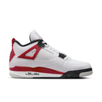Air Jordan 4 Retro Red Cement featuring a white leather upper, Fire Red accents, and black details.