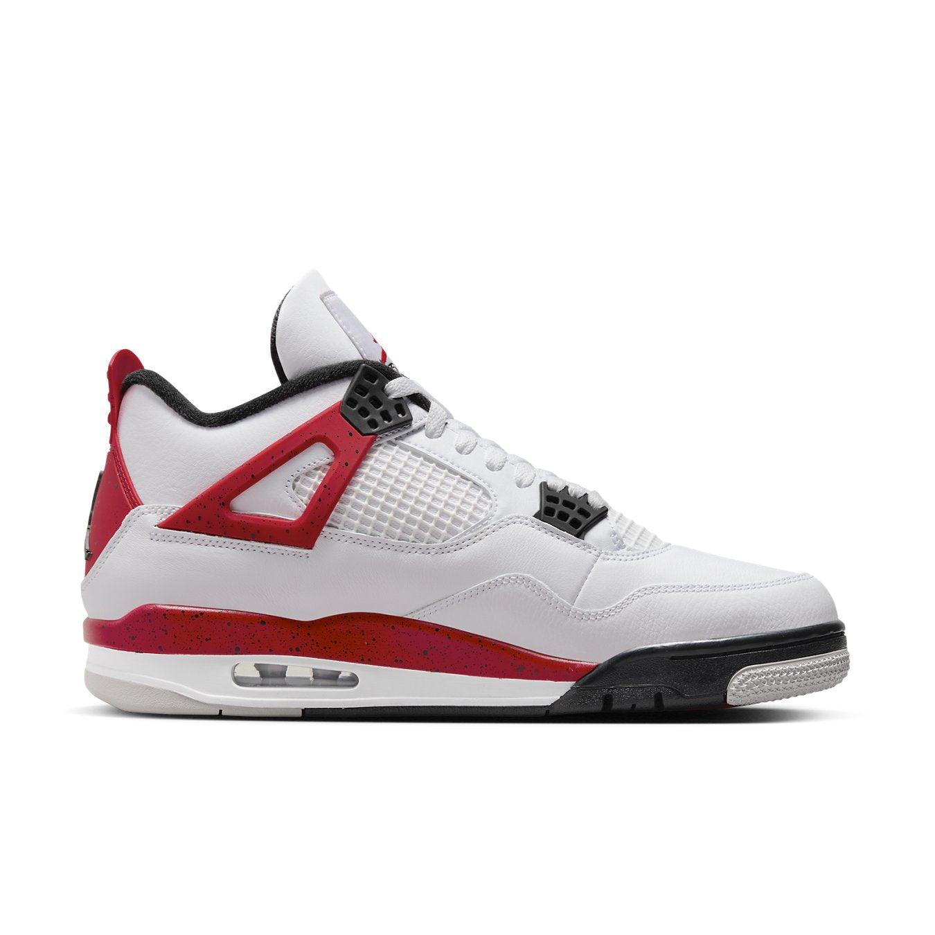 Air Jordan 4 Retro Red Cement featuring a white leather upper, Fire Red accents, and black details.