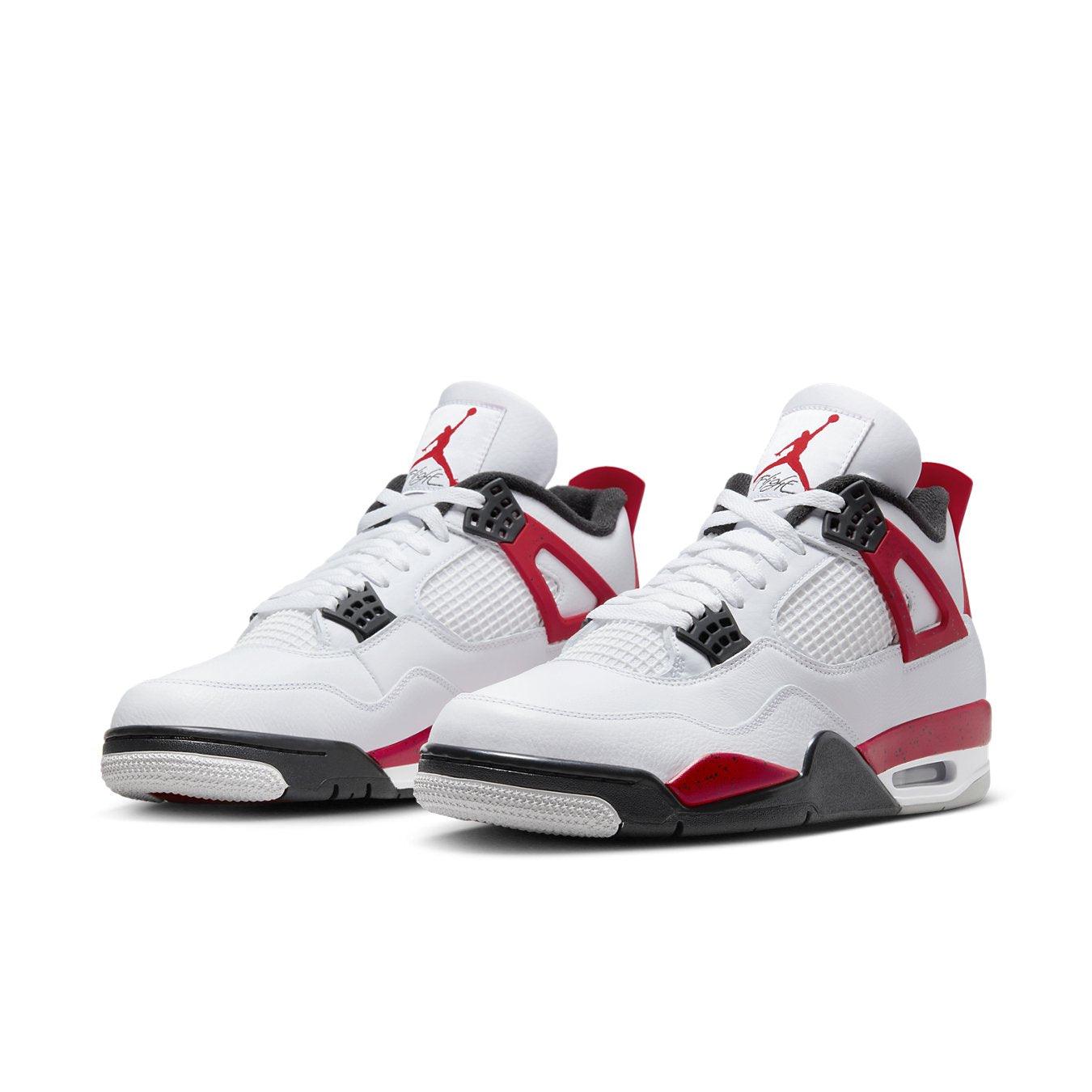 Air Jordan 4 Retro Red Cement sneakers featuring white leather, red accents, and black details.