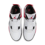 Air Jordan 4 Retro Red Cement sneakers, featuring white leather and Fire Red accents, overhead view.