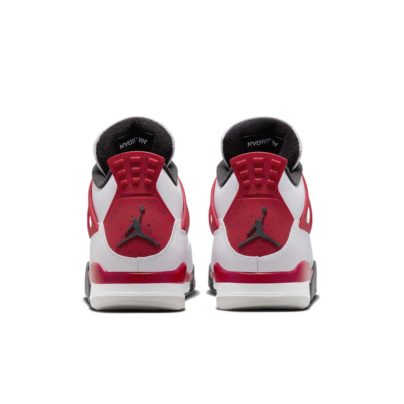 Air Jordan 4 Retro Red Cement sneaker rear view showcasing vibrant red and black accents with white leather.