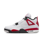 Jordan 4 Retro Red Cement sneaker featuring a white leather upper with Fire Red accents and black details.