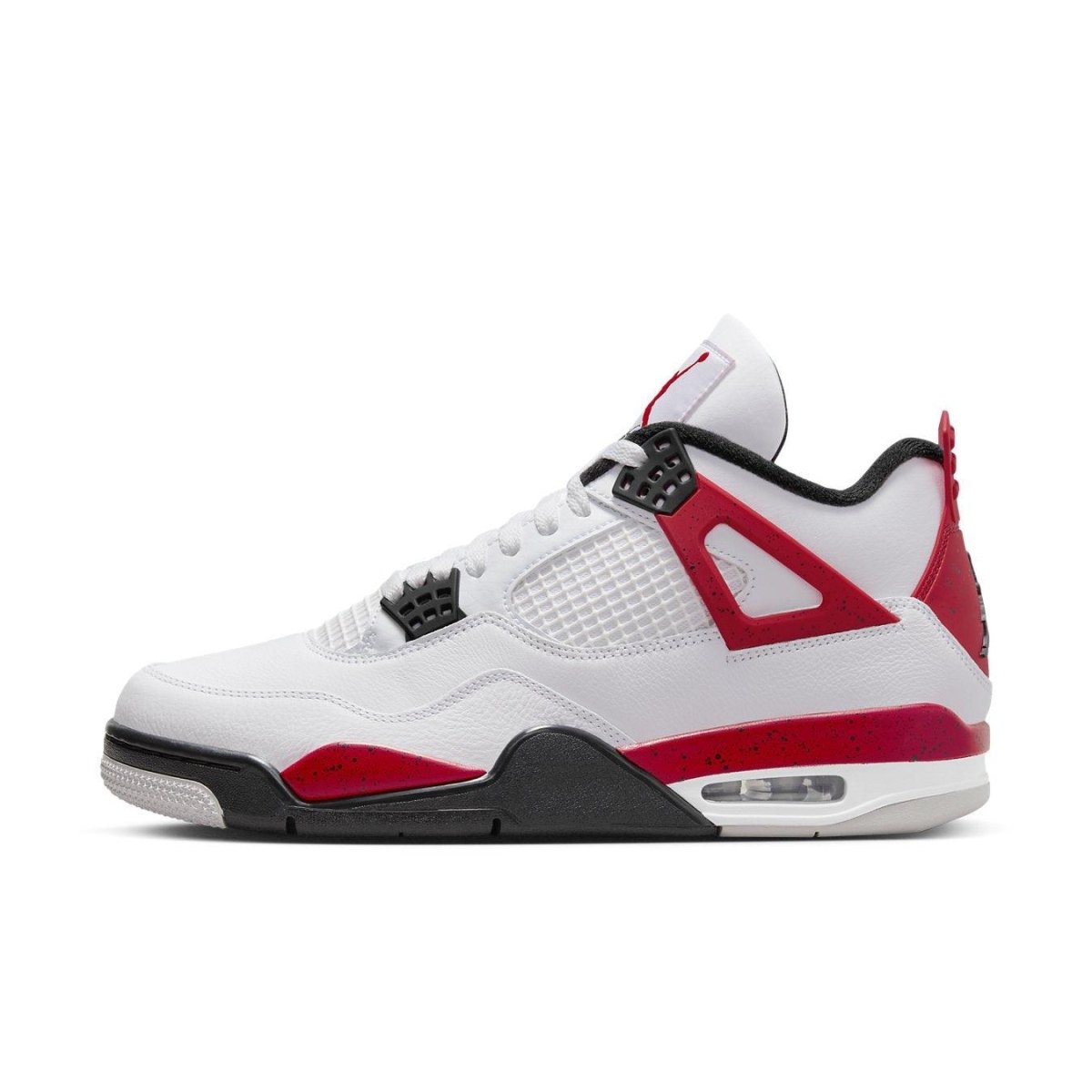 Jordan 4 Retro Red Cement sneaker featuring a white leather upper with Fire Red accents and black details.