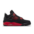 Air Jordan 4 Retro Red Thunder sneaker with black nubuck upper and red accents, showcasing iconic design.