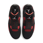 Top view of Air Jordan 4 Retro Red Thunder sneakers featuring black nubuck upper and red accents.