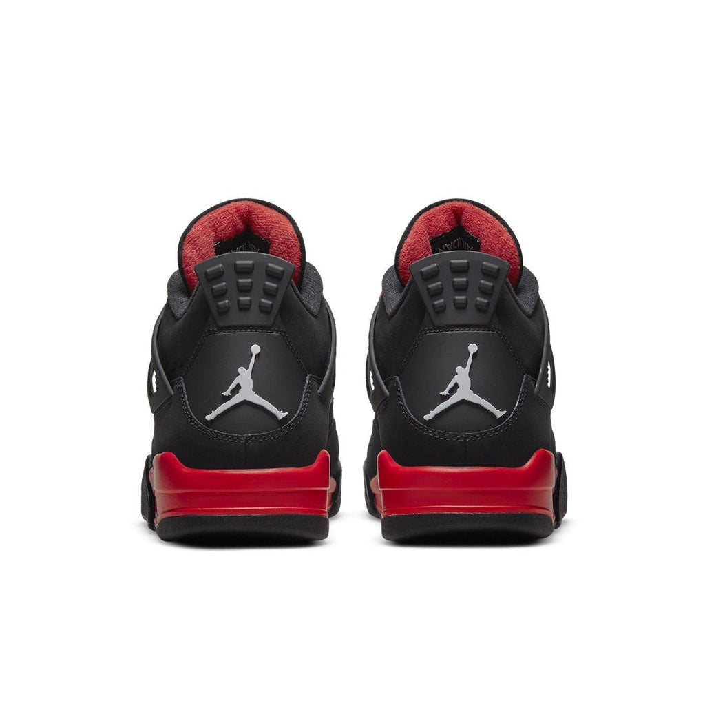 Jordan 4 Retro Red Thunder black and red sneakers rear view with iconic logo detail.