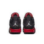 Jordan 4 Retro Red Thunder black and red sneakers rear view with iconic logo detail.