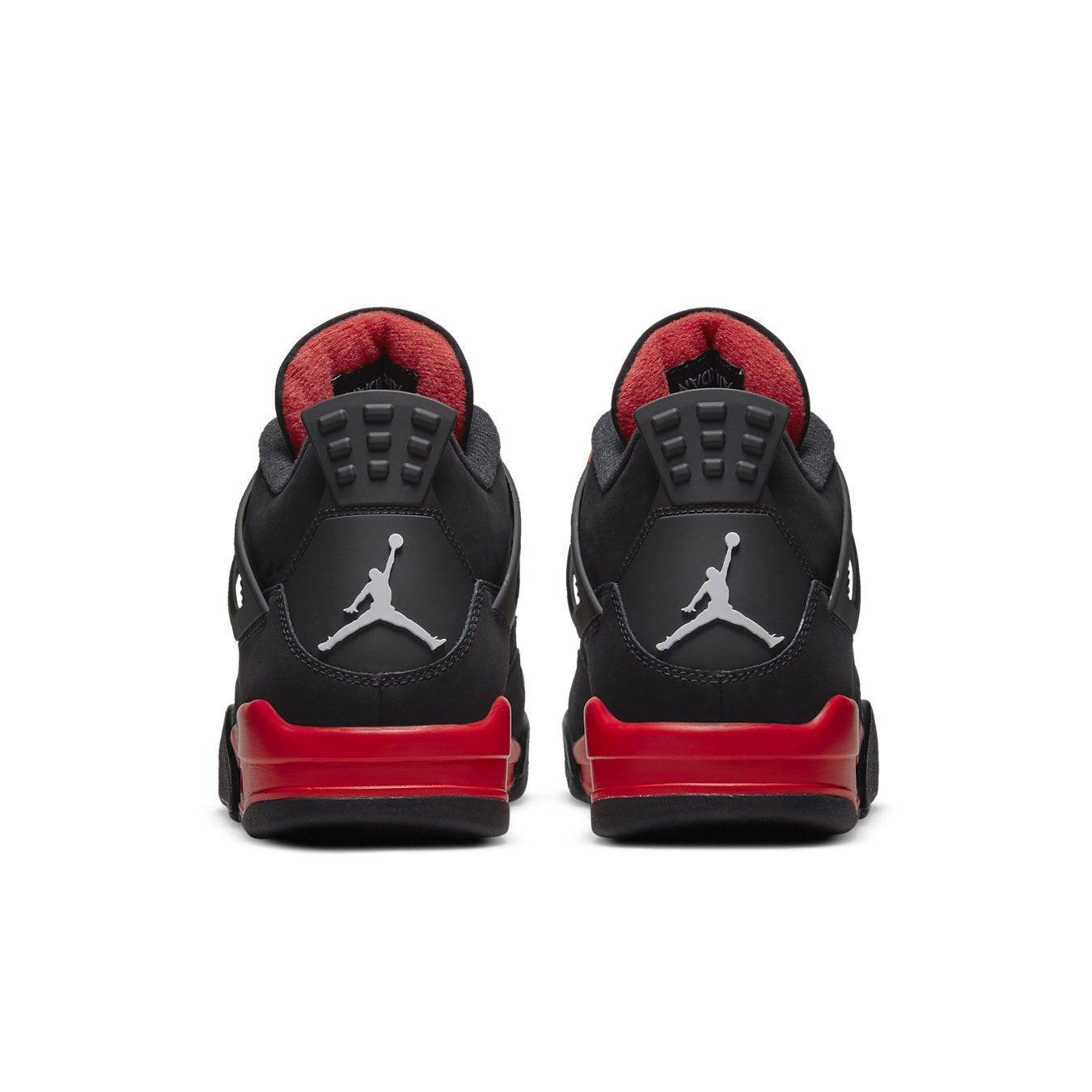 Jordan 4 Retro Red Thunder black and red sneakers rear view with iconic logo detail.