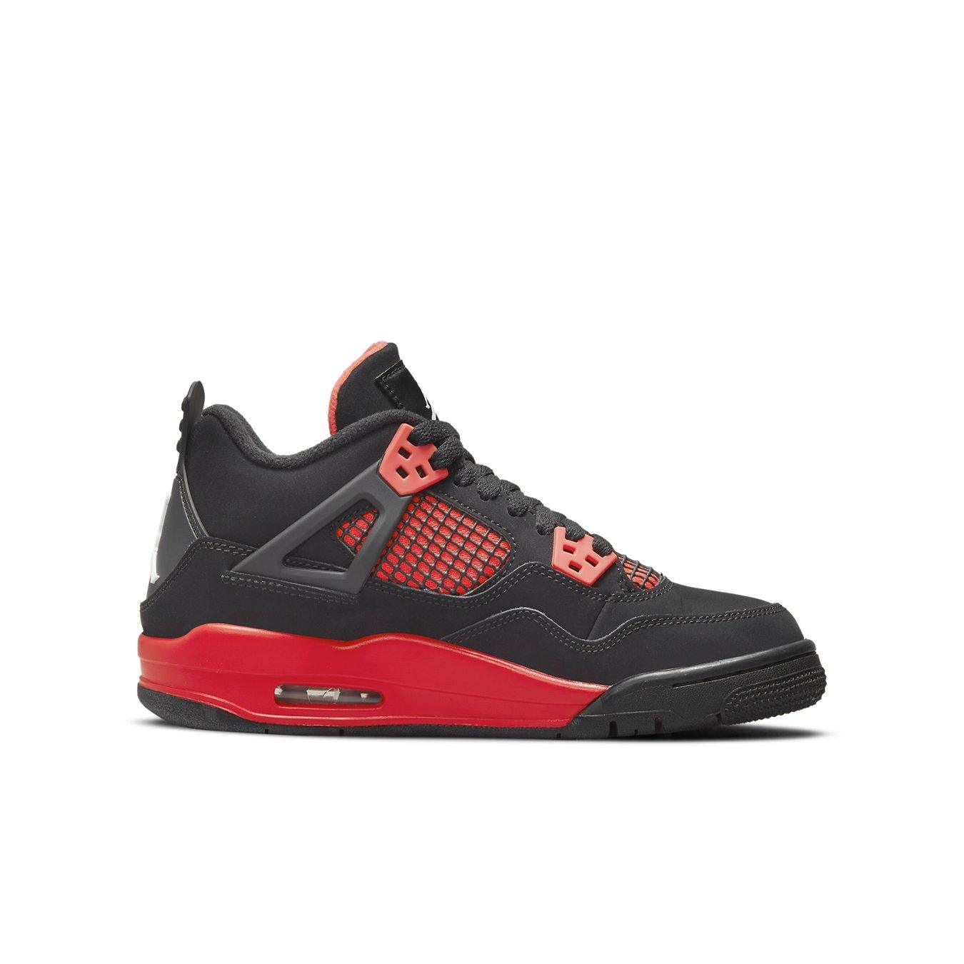 Air Jordan 4 Retro 'Red Thunder' sneaker featuring black nubuck upper and contrasting red accents.