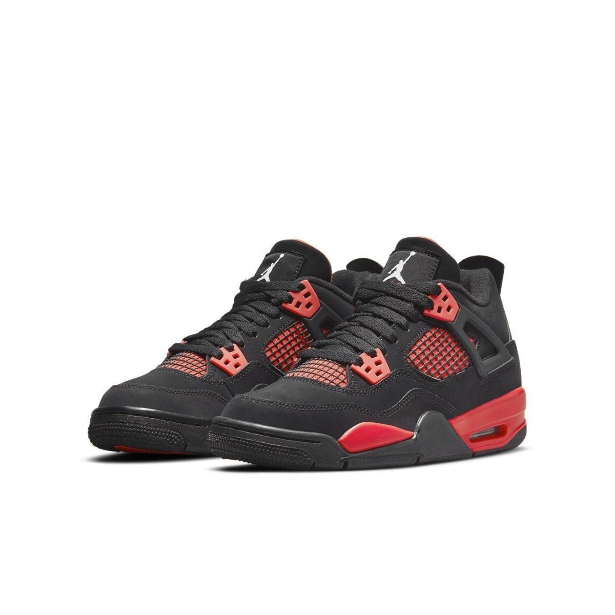 Air Jordan 4 Retro 'Red Thunder' shoes featuring black nubuck and red accents.