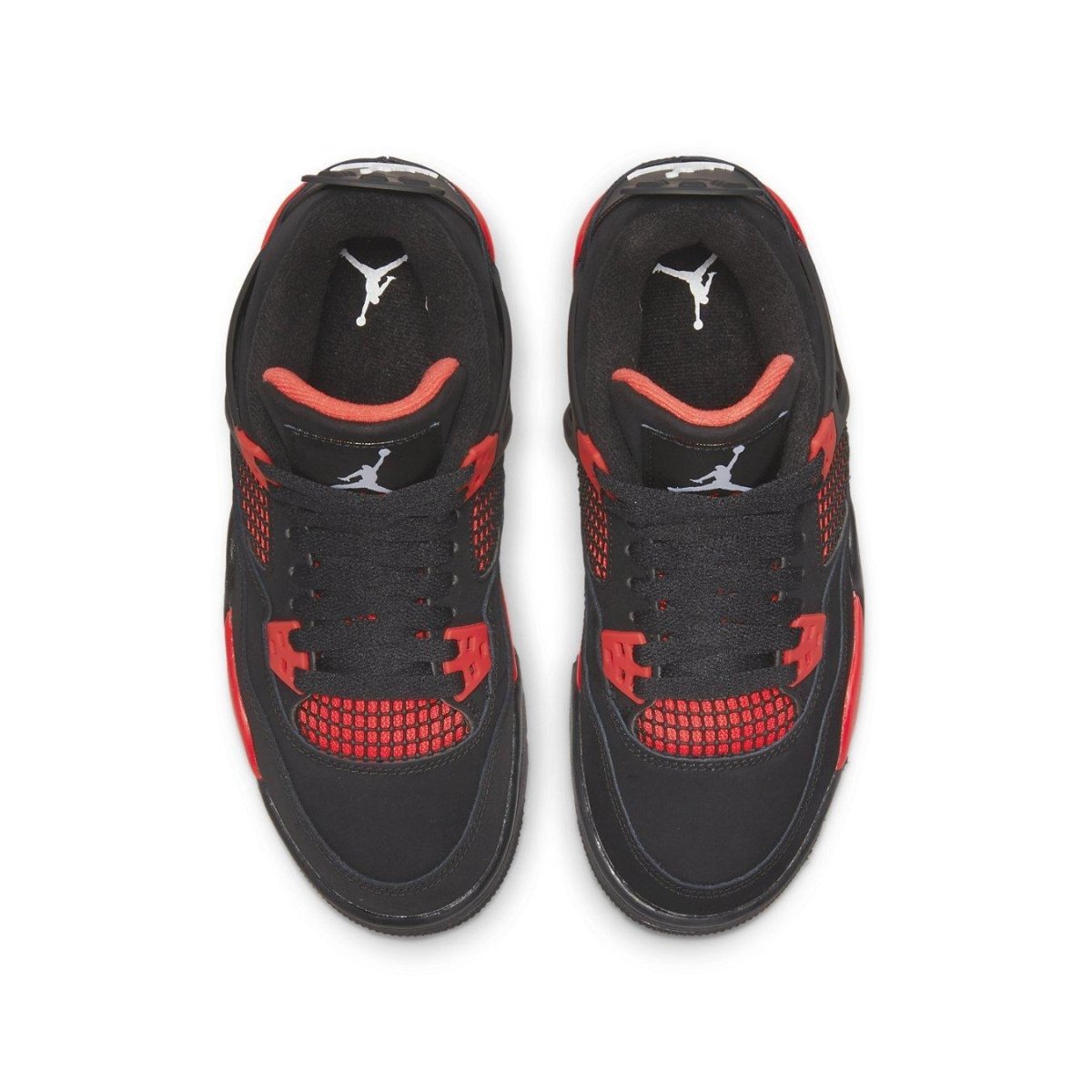 Top view of Air Jordan 4 Retro 'Red Thunder' sneakers featuring black nubuck and red accents.