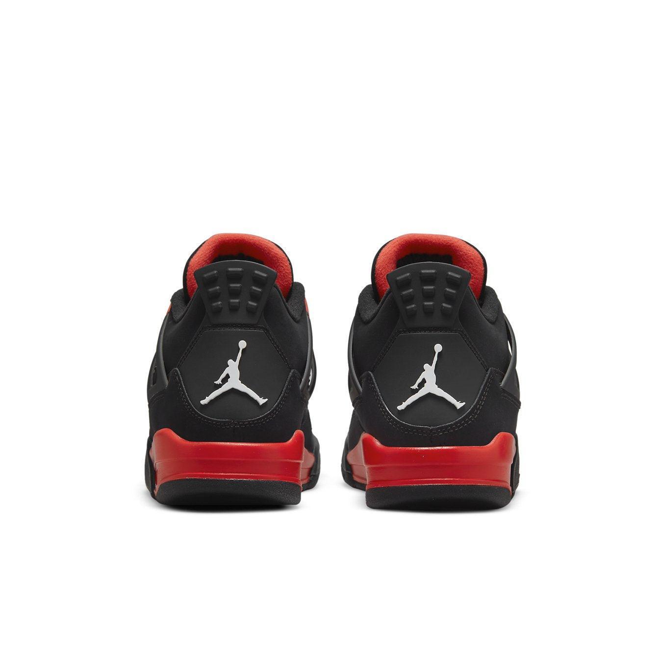 Jordan 4 Retro Red Thunder rear view featuring black nubuck, red accents, and iconic Air Jordan logo.