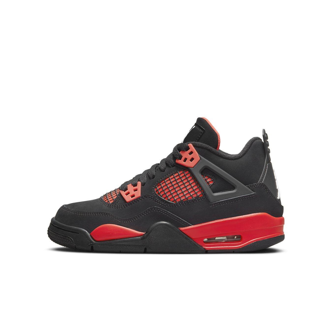 Air Jordan 4 Retro Red Thunder sneaker featuring black nubuck upper and red accents, designed for style and comfort.