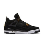 Air Jordan 4 Retro Royalty sneaker with black suede upper and metallic gold accents.