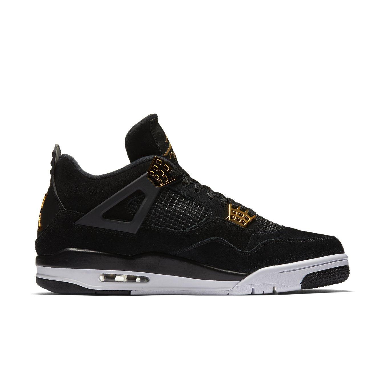 Air Jordan 4 Retro Royalty sneaker with black suede upper and metallic gold accents.