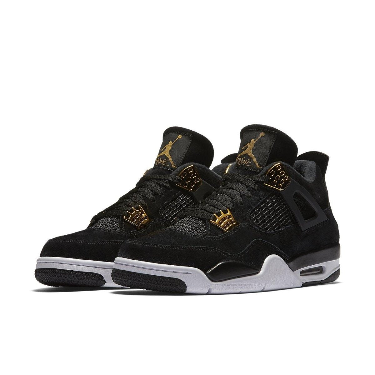Air Jordan 4 Retro Royalty in black suede with gold accents and white sole, showcasing iconic sneaker design.